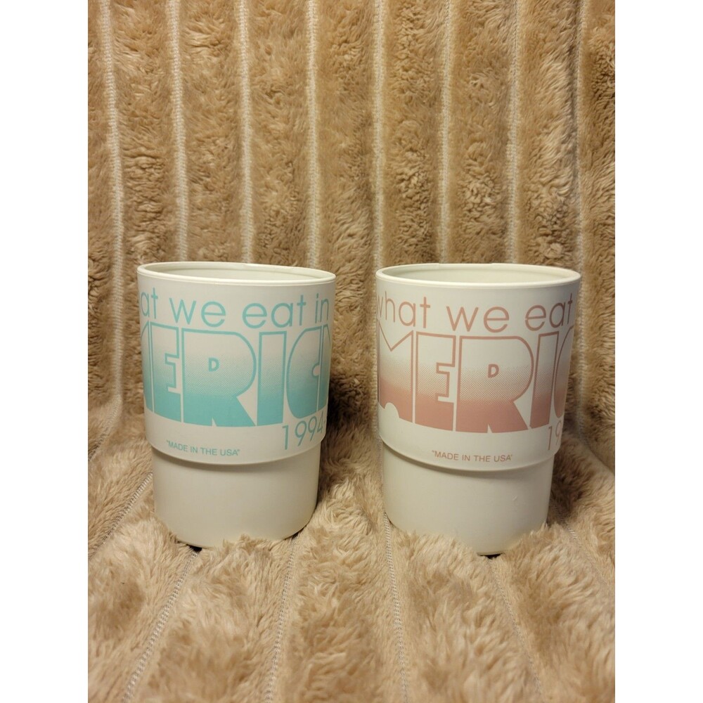 2 What We Eat In America Cups Made In USA 1994-1996 Mug Plastic Blue Pink